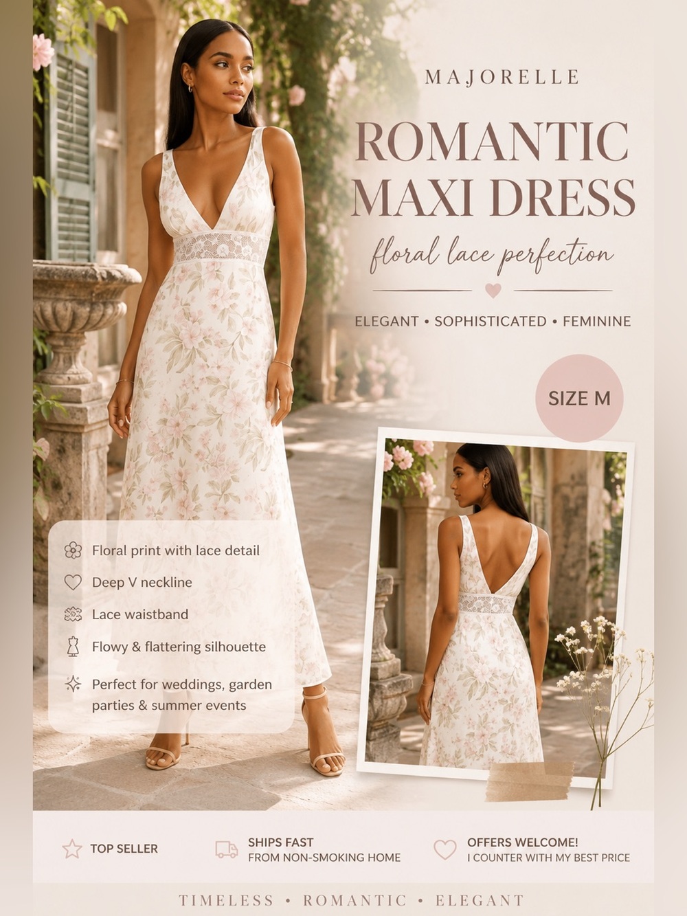 MAJORELLE Floral Lace Maxi Dress Romantic Garden Party Cottagecore Wedding Guest